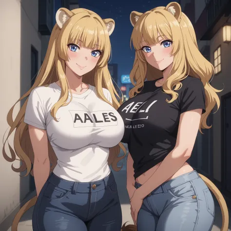 25-year-old Kei Karuizawa, Blonde hair . straight bangs,  detailed blue eyes, rounded lion ears on her head, captivating smile, blush, curvy figure and big breasts, Lion&#39;s Tail, black t-shirt, denim pants,, Background an alley of a city at night. Singl...