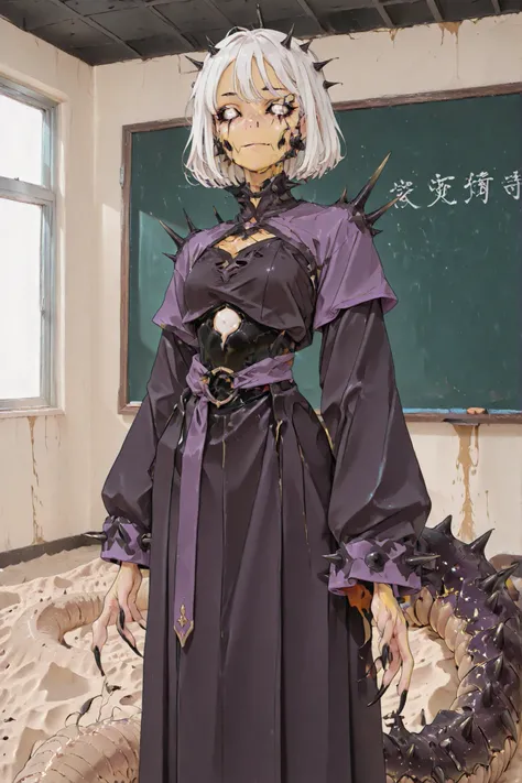 1 girl, bifurcated jaw, monster girl, standing, worm girl, worm lower part, sand-yellow skin, disordered pattern on tail, black pattern, spread arms, ((very long index-fingernail)), sharp fingernails, claws, thick fingernails, spikes hair, white hair, unde...