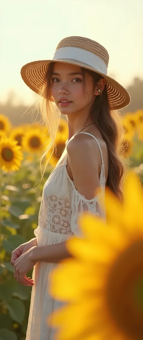  highdefinition images、Fuwa Aika、One personの女の子、One person、anime(White Lace Dress:1.2)、Relaxed Dress(Sun Visor Hat:1.2)、Sunflower field、Under the sun、ogipote 、WATCH VIEWER、wind、dynamic、Strong Light and Dark、dynamicなポーズ、