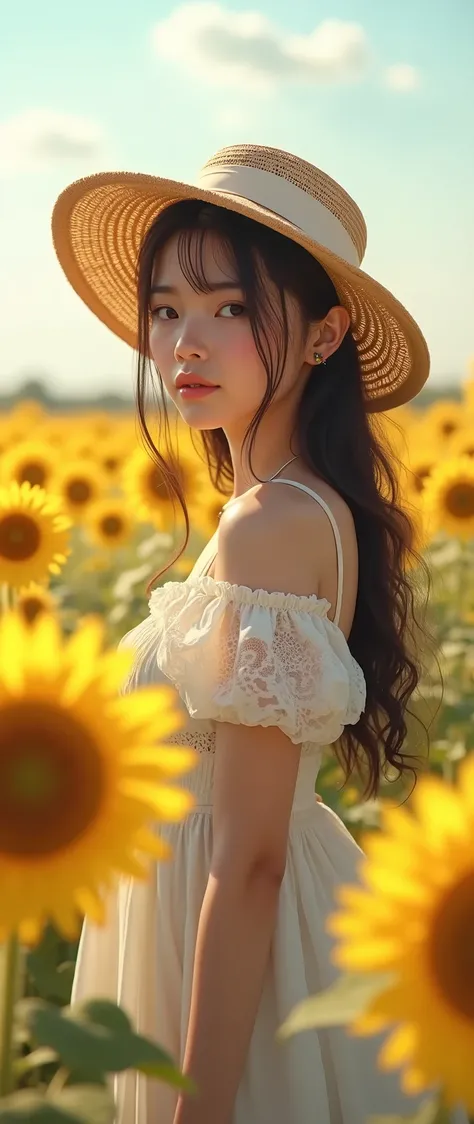  highdefinition images、Fuwa Aika、One personの女の子、One person、anime(White Lace Dress:1.2)、Relaxed Dress(Sun Visor Hat:1.2)、Sunflower field、Under the sun、ogipote 、WATCH VIEWER、wind、dynamic、Strong Light and Dark、dynamicなポーズ、