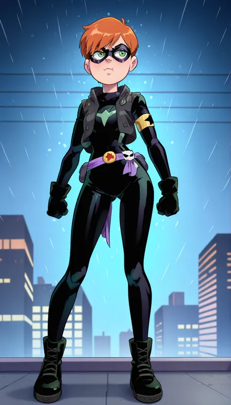 1 girl, solo, Tokusatsu Hero, Tokusatsu Heroine, Masked Heroine, Very short hair, orange hair, pixie cut, light skin, Cat Domino Mask, Cat Mask, Domino Mask, Black Mask, Black Domino Mask, ((Black Cat Mask)), Domino mask with green lenses, black domino mas...