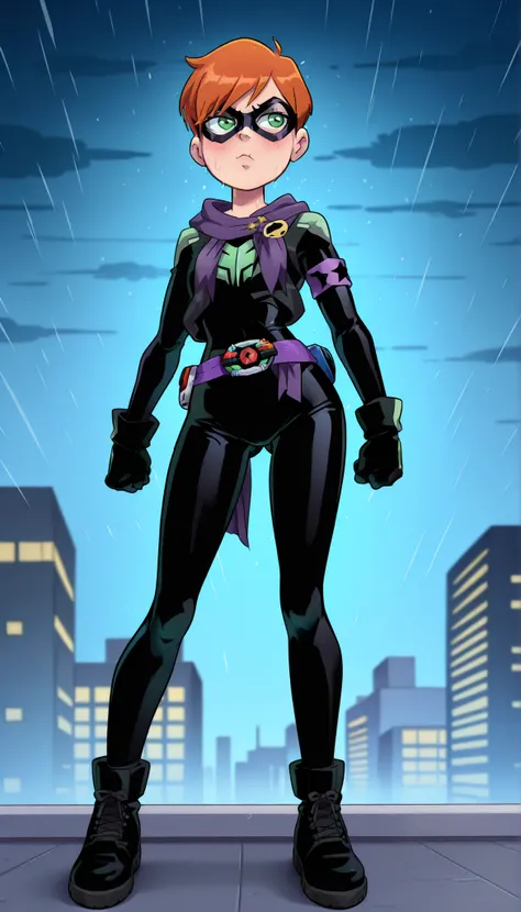 1 girl, solo, Kamen Rider Girl, Kamen Rider, masked Rider, masked Rider Girl,Tokusatsu Hero, Tokusatsu Heroine, Masked Heroine, Very short hair, orange hair, pixie cut, light skin, Cat Domino Mask, Cat Mask, Domino Mask, Black Mask, Black Domino Mask, ((Bl...