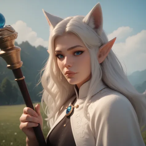 Girl with white hair, plump lips, confident look, with small elf ears , white fox ears, Blue eyes, holds a staff, black and white clothes. The background is a meadow, best quality, masterpiece. all around the magic , she smiles. portrait.