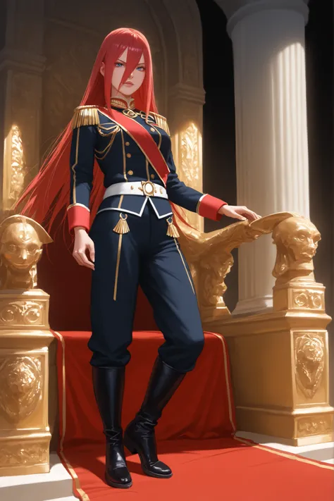 crsdrrm, red hair,  long bangs, hair between eyes, long hair, realistic anime style,  soft shading, royal tailored military uniform, deep blue fitted jacket with ornate gold embroidery, white fitted trousers, gold epaulets and belt, crimson long straight h...