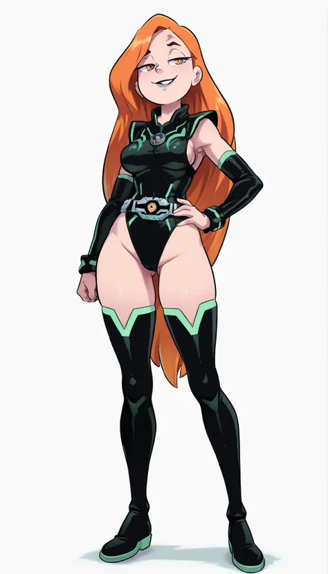 1 girl, solo, Kamen Rider, Kamen Rider Girl, tokusatsu Hero, tokusatsu heroine, tokusatsu heisei, Older woman, tall woman, black lipstick, Orange hair, very long hair, straight hair, symmetrical bangs, exposed forehead, parted bangs, thick eyebrows, short ...