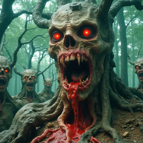 In a misty, ethereal forest setting, the foreground is dominated by a terrifying tree with a ghoulishly skeletal face. The tree has large, predatory eyes glowing with a fiery red intensity, suggesting an otherworldly power. Its bark is transforming skin wi...
