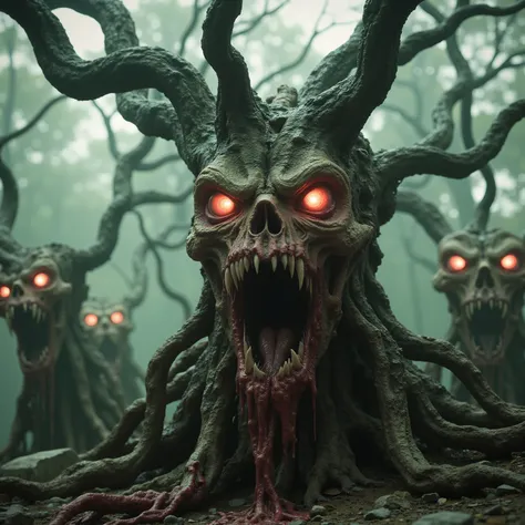 In a misty, ethereal forest setting, the foreground is dominated by a terrifying tree with a ghoulishly skeletal face. The tree has large, predatory eyes glowing with a fiery red intensity, suggesting an otherworldly power. Its bark is transforming skin wi...