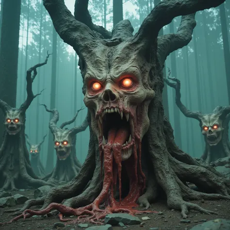 In a misty, ethereal forest setting, the foreground is dominated by a terrifying tree with a ghoulishly skeletal face. The tree has large, predatory eyes glowing with a fiery red intensity, suggesting an otherworldly power. Its bark is transforming skin wi...