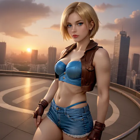 score_9, LuciaSFV, 1girl, short hair, blonde, blue denim sports bra, brown vest, brown fingerless gloves, short jeans, low-rise shorts, blue thong straps showing, sexy pose, sexy expressionhelipad of a building, modern city, buildings, sunrise, dynamic ang...