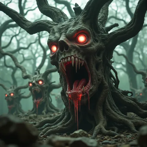In a misty, ethereal forest setting, the foreground is dominated by a terrifying tree with a ghoulishly skeletal face. The tree has large, predatory eyes glowing with a fiery red intensity, suggesting an otherworldly power. Its bark is transforming skin wi...
