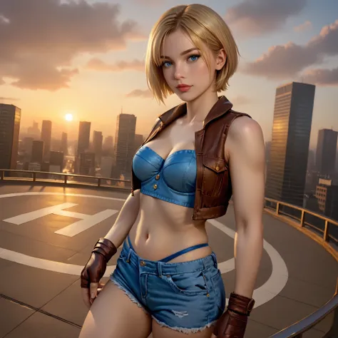 score_9, LuciaSFV, 1girl, short hair, blonde, blue denim sports bra, brown vest, brown fingerless gloves, short jeans, low-rise shorts, blue thong straps showing, sexy pose, sexy expression, helipad of a building, modern city, buildings, sunrise, dynamic a...