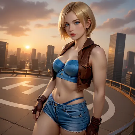 score_9, LuciaSFV, 1girl, short hair, blonde, blue denim sports bra, brown vest, brown fingerless gloves, short jeans, low-rise shorts, blue thong straps showing, sexy pose, sexy expression, helipad of a building, modern city, buildings, sunrise, dynamic a...
