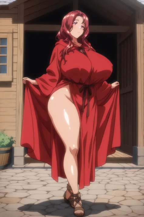 (((masterpiece))), ((best quality)), ((highres, absurdres)), (detailed),((anime coloring, shiny skin)), cinematic, 1girl, solo, full body, mature woman, red-haired, long flowing red hair, red eyes, voluptuous figure, huge breasts, big round ass cheeks, cur...