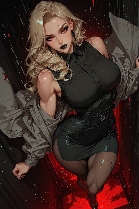 adult female, medium plus sized breasts, mature women, mature woman, 1girl, black lipstick,black nails, calm gaze, blood red eyes, black eyeliner, dirty blonde hair, black earrings, dark grey pencil skirt(highwaisted, thigh-slit), black dress shirt (sleeve...