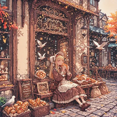 1girl, solo, blonde hair, long hair, white headwear, bonnet, lace trim, brown dress, long sleeves, frilled dress, white apron, sitting, eating, bread, pastry, bakery, storefront, display case, glass cabinet, baked goods, croissant, various breads, wooden s...