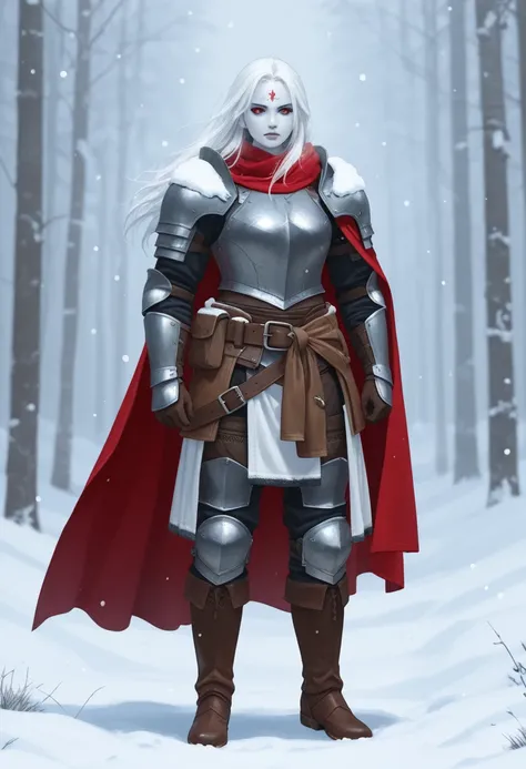 full body standing straight symmetrical, female warrior princess, big belt around waist, hair, very white skin like snow, wearing full heavy armor red cape, brown leather boots, adventurer outfit, veteran warrior