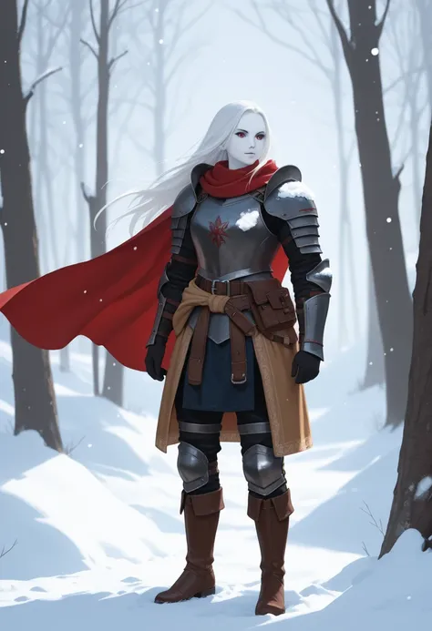 full body standing straight symmetrical, female warrior princess, big belt around waist, hair, very white skin like snow, wearing full heavy armor red cape, brown leather boots, adventurer outfit, veteran warrior