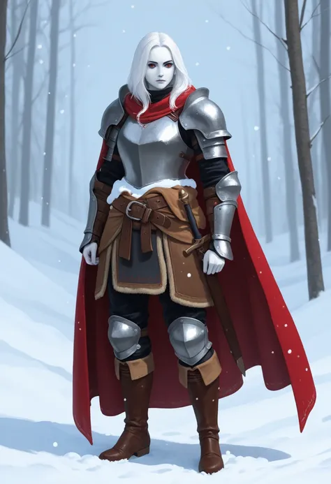 full body standing straight symmetrical, female warrior princess, big belt around waist, hair, very white skin like snow, wearing full heavy armor red cape, brown leather boots, adventurer outfit, veteran warrior