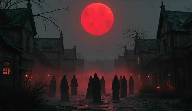 Cursed village under a blood moon, folk horror style, eerie rituals, ominous atmosphere.