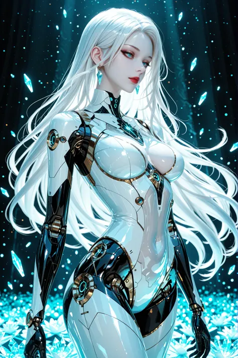 *"A breathtaking 3D-printed female robot with a translucent, pearlescent body revealing intricate mechanical details beneath her delicate, pale skin. Her long, silky white hair flows like liquid silk, catching the light as it cascades down her back. She em...