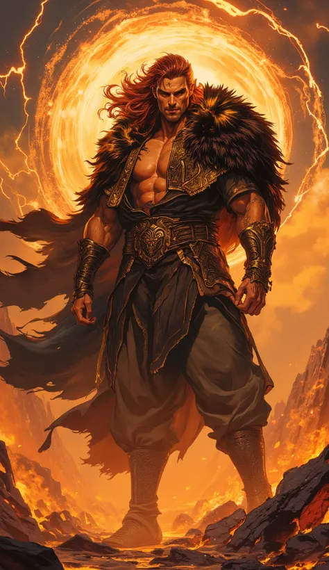 Epic digital painting, cinematic character concept art. An imposing wuxia hegemon, a titan of a middle-aged man with herculean muscle definition. He has a chiseled, weathered face with a confident, arrogant smirk playing on his lips, his piercing eyes glow...