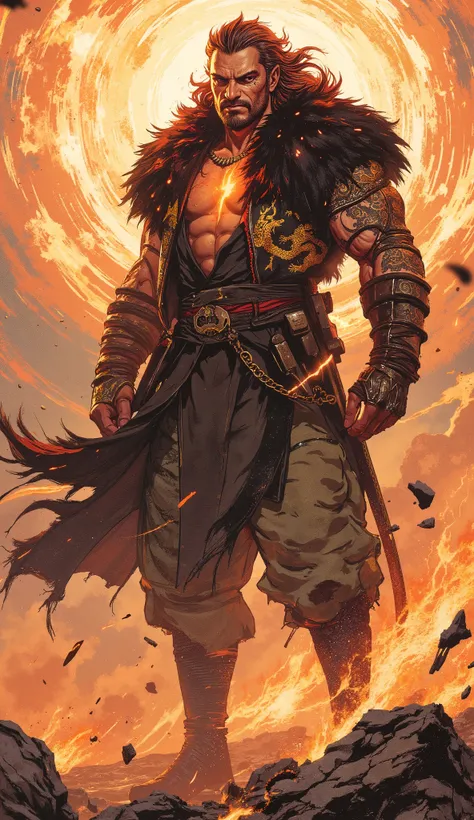 Epic digital painting, cinematic character concept art. An imposing wuxia hegemon, a titan of a middle-aged man with herculean muscle definition. He has a chiseled, weathered face with a confident, arrogant smirk playing on his lips, his piercing eyes glow...