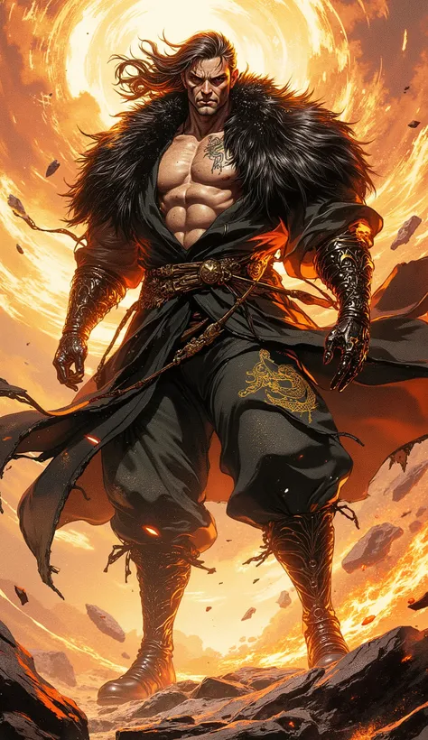 Epic digital painting, cinematic character concept art. An imposing wuxia hegemon, a titan of a middle-aged man with herculean muscle definition. He has a chiseled, weathered face with a confident, arrogant smirk playing on his lips, his piercing eyes glow...