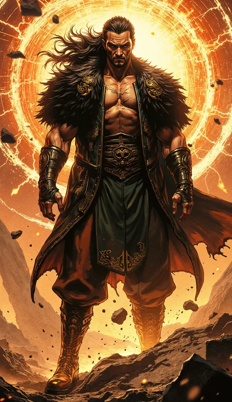 Epic digital painting, cinematic character concept art. An imposing wuxia hegemon, a titan of a middle-aged man with herculean muscle definition. He has a chiseled, weathered face with a confident, arrogant smirk playing on his lips, his piercing eyes glow...