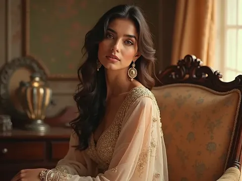 "A hyper-realistic, ultra-detailed portrait of a beautiful woman sitting gracefully on an elegant vintage chair. She has glowing, smooth skin and expressive eyes. Her posture is confident yet relaxed. She is wearing a flowing traditional Indian dress with ...