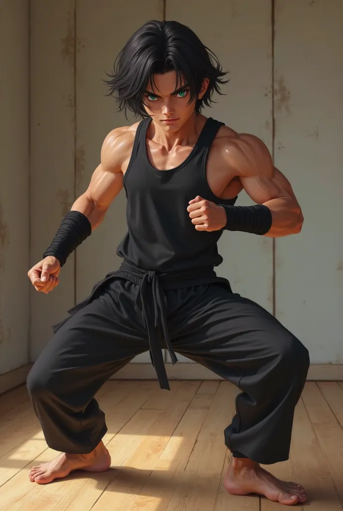 Young man with black hair green eyes dressed in black training equipment 