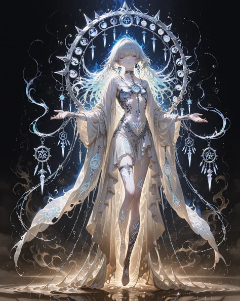 mestra, natural lighting, noite, sombras perfeitas, Ray Tracing, imagem detalhada, perfect human anatomy, to be ethereal and androgynous wearing long veils, fluid and translucent, layered clothes floating, pale skin like porcelain with a bluish tint, clos...