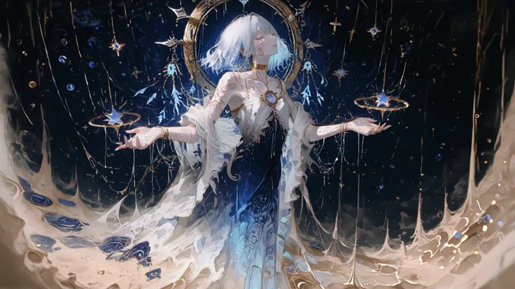 mestra, natural lighting, noite, sombras perfeitas, Ray Tracing, imagem detalhada, perfect human anatomy, be ethereal and androgynous wearing long veils in dark blue tones, fluid and translucent, layered clothes floating, pale skin like porcelain with a bl...