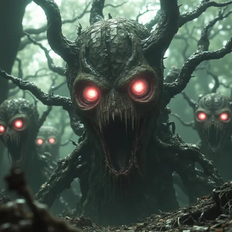 In a misty, ethereal forest setting, the foreground is dominated by a terrifying tree with a ghoulishly skeletal face. The tree has large, predatory eyes glowing with a fiery red intensity, suggesting an otherworldly power. Its bark is transforming skin wi...
