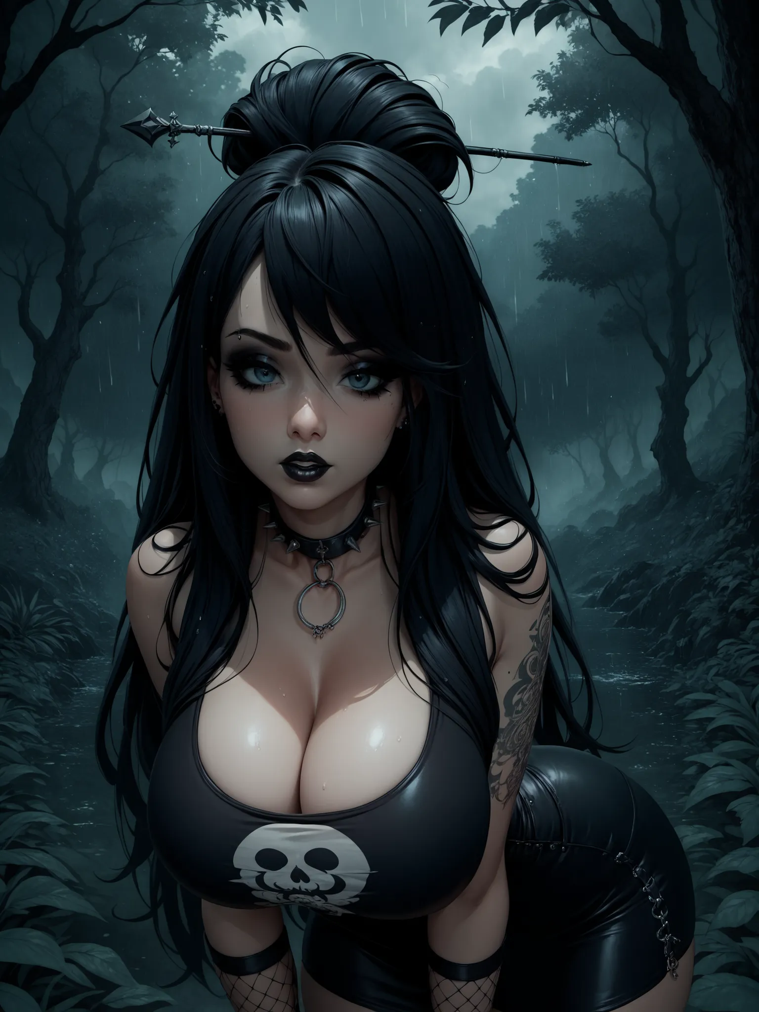 best quality, extreme detail, young woman stands alone in the middle of the forest, it is raining heavily, emo, goth girl, young woman poses sexy, (upper body bent forward), (bottom stretched out), black make-up, black lipstick, black wild long hair, hair ...