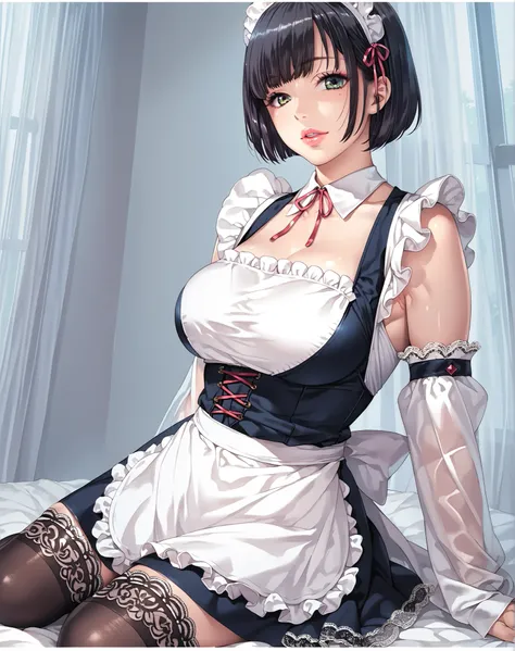  (masterpiece, best quality),beautiful, beautiful-woman, ((detailed face)).(full body:1.3).,
,(inspired by  Animation Style),Japanese woman,((black hair)),

The woman is wearing maid uniform with maid apron and maid headdress,black lace-trimmed over-knee-s...