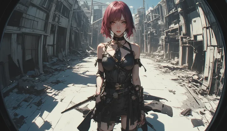 Fisheye Wide Angle , Fisheye Wide Angle 一人のセクシーな少女 , Battle Poses 、Stance、 wearing a sexy dress 、 Put your hand in your pocket 、The expression and outfit are 、Bold Makeup and Accessories. Shadows at your feet、 High Angle and Strong Fisheye Perspec...