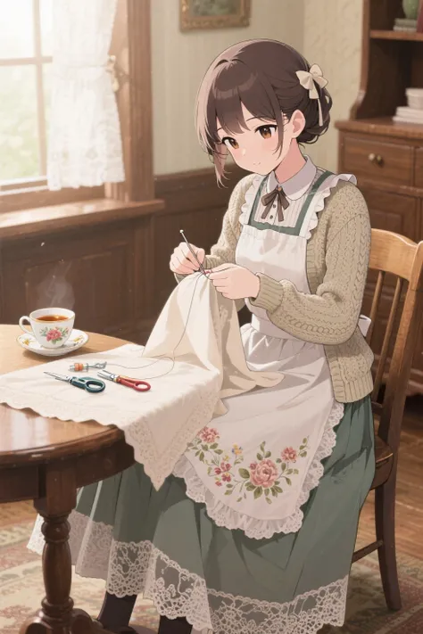 top quality、anime style、masterpiece、in a classic room、girl quietly needlework with sewing tools、Spread a cloth over your lap、cup of tea beside it、long skirt with lace and knitted cardigan、retro floral apron、background is wooden furniture and soft light、calm afternoon atmosphere、cute