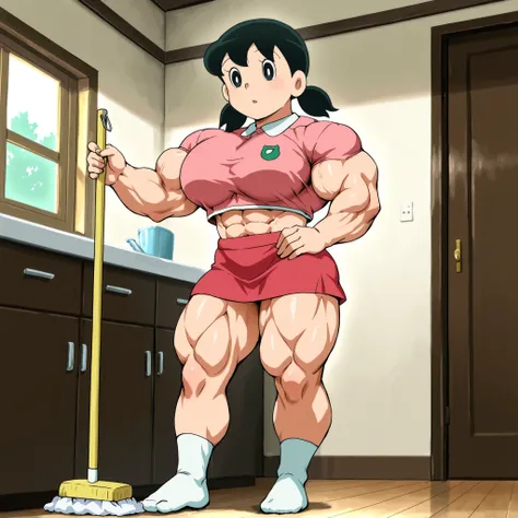 score_9, source_anime, rating_safe BREAK 1girl, solo, minamoto shizuka \(doraemon\), black hair, low twintails, short twintails, black eyes, white solo, long Shot, long shot, big pec's, over-sized breast, pink shirt and skirt, no shoe's, upper body shot, l...