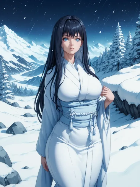 Best quality, extreme detail, anatomically correct, young woman standing alone in the snow, Hitomi Tanaka, Yuki-onna, long hair, sexy, erotic, wearing white sexy kimono with deep neckline, Japanese mountains, snow, stones, rocks, dark forest, night, snow s...
