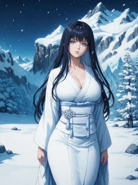 Best quality, extreme detail, anatomically correct, young woman standing alone in the snow, Hitomi Tanaka, Yuki-onna, long hair, sexy, erotic, wearing white sexy kimono with deep neckline, Japanese mountains, snow, stones, rocks, dark forest, night, snow s...