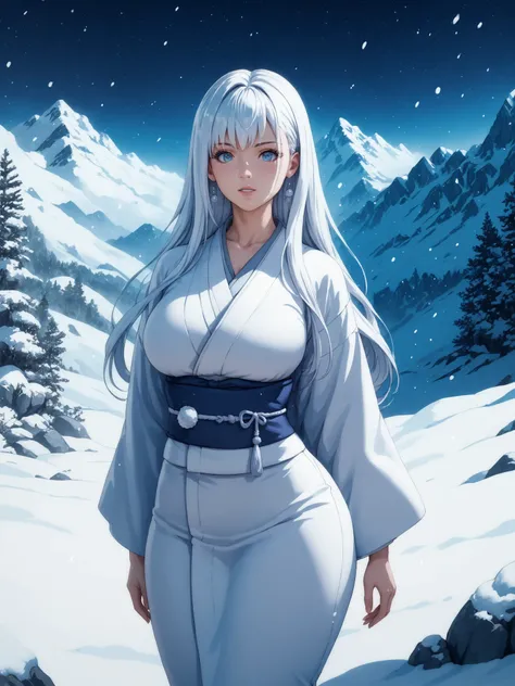 Best quality, extreme detail, anatomically correct, young woman standing alone in the snow, Hitomi Tanaka, Yuki-onna, long hair, sexy, erotic, wearing white sexy kimono with deep neckline, Japanese mountains, snow, stones, rocks, dark forest, night, snow s...