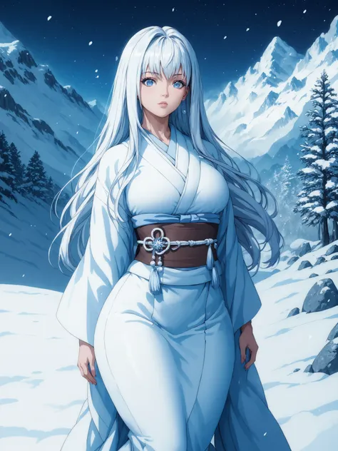 Best quality, extreme detail, anatomically correct, young woman standing alone in the snow, Hitomi Tanaka, Yuki-onna, long hair, sexy, erotic, wearing white sexy kimono with deep neckline, Japanese mountains, snow, stones, rocks, dark forest, night, snow s...