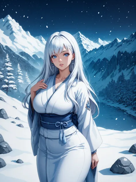 Best quality, extreme detail, anatomically correct, young woman standing alone in the snow, Hitomi Tanaka, Yuki-onna, long hair, sexy, erotic, wearing white sexy kimono with deep neckline, Japanese mountains, snow, stones, rocks, dark forest, night, snow s...