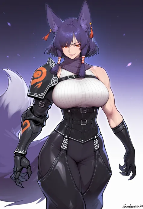 gorgeous kitsune girl, beautiful face, kitsune, hair of ash-purple color, beautiful woman, orange eyes, slit pupils, volputrous body, toned woman, curvy and athletic, fox ears, short hair, white ribbed sleeveless sweater, leather underbust, chest belt, bug...
