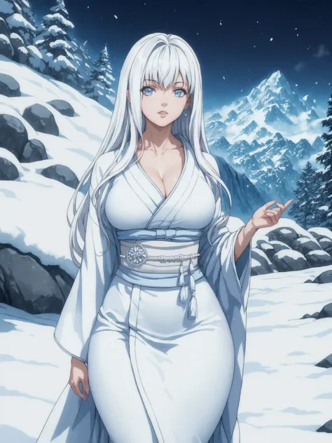 Best quality, extreme detail, anatomically correct, young woman standing alone in the snow, Hitomi Tanaka, Yuki-onna, long hair, sexy, erotic, wearing white sexy kimono with deep neckline, Japanese mountains, snow, stones, rocks, dark forest, night, snow s...