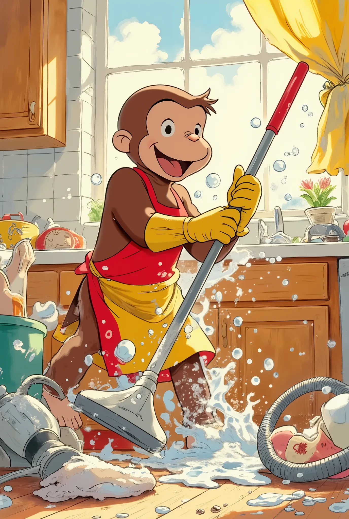 cartoon-style full body shot, Curious George clumsily doing house chores, wearing a red apron and yellow rubber gloves, soap bubbles flying, water spilling from a bucket, knocked-over mop, vacuum cleaner cord tangled around him, cheerful and chaotic kitche...