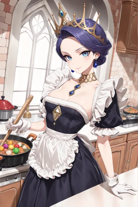 ((Best quality, 8k, Masterpiece: 1.3)), Sharp focus A beautiful woman with perfect body, Slim abdomen, Her Majesty the Queen doing housework. She is wearing a gorgeous dress and maid's apron, which show her highest status. She is also wearing a jeweled cro...
