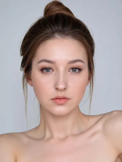detailed,realism,skin texture style,no expression,, ((best quality)), ((masterpiece)), (detailed), , closeup photo, , soft lighting, front view, center composition photo, , bun hairstyle, , looking at camera, front face pose, full face photo, naked, 1 girl...