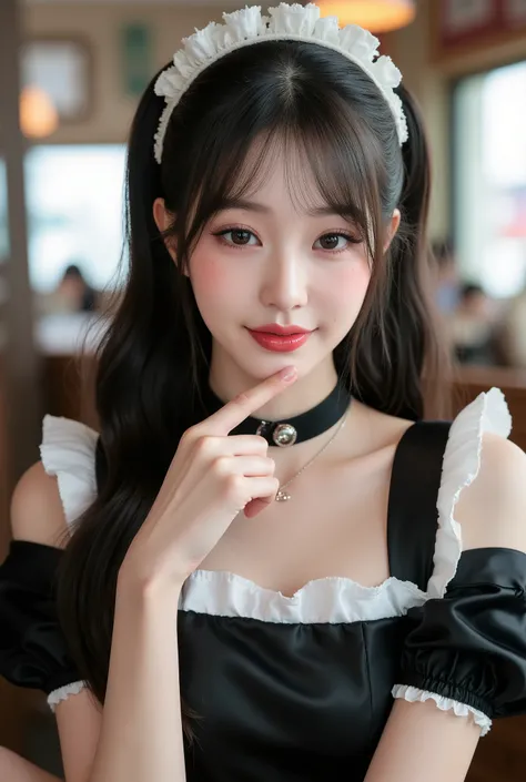 masterpiece, One girl per photo, Upper Body Shot, View from the front, Beautiful korean woman, She is smiling while sitting in a cafe wearing a cute black maid outfit made of short sleeved silk satin., Wearing a white frilly headband, White frilly apron, B...