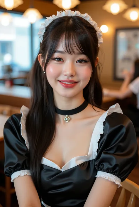 masterpiece, One girl per photo, Upper Body Shot, View from the front, Beautiful korean woman, She is smiling while sitting in a cafe wearing a cute black maid outfit made of short sleeved silk satin., Wearing a white frilly headband, White frilly apron, B...